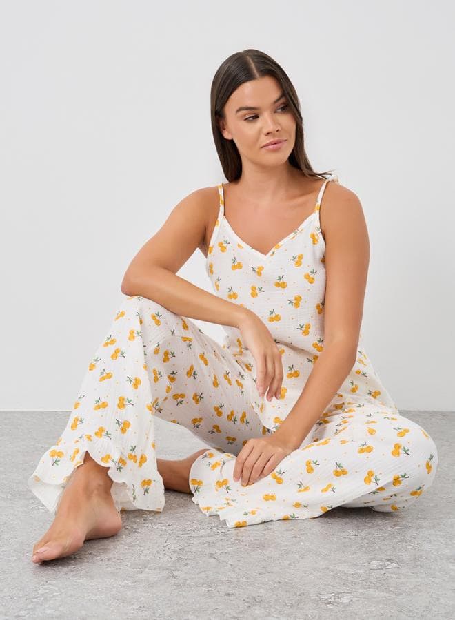 Cherry Print Cotton Gauze Ruffle Hem Pyjama Set - Image 1