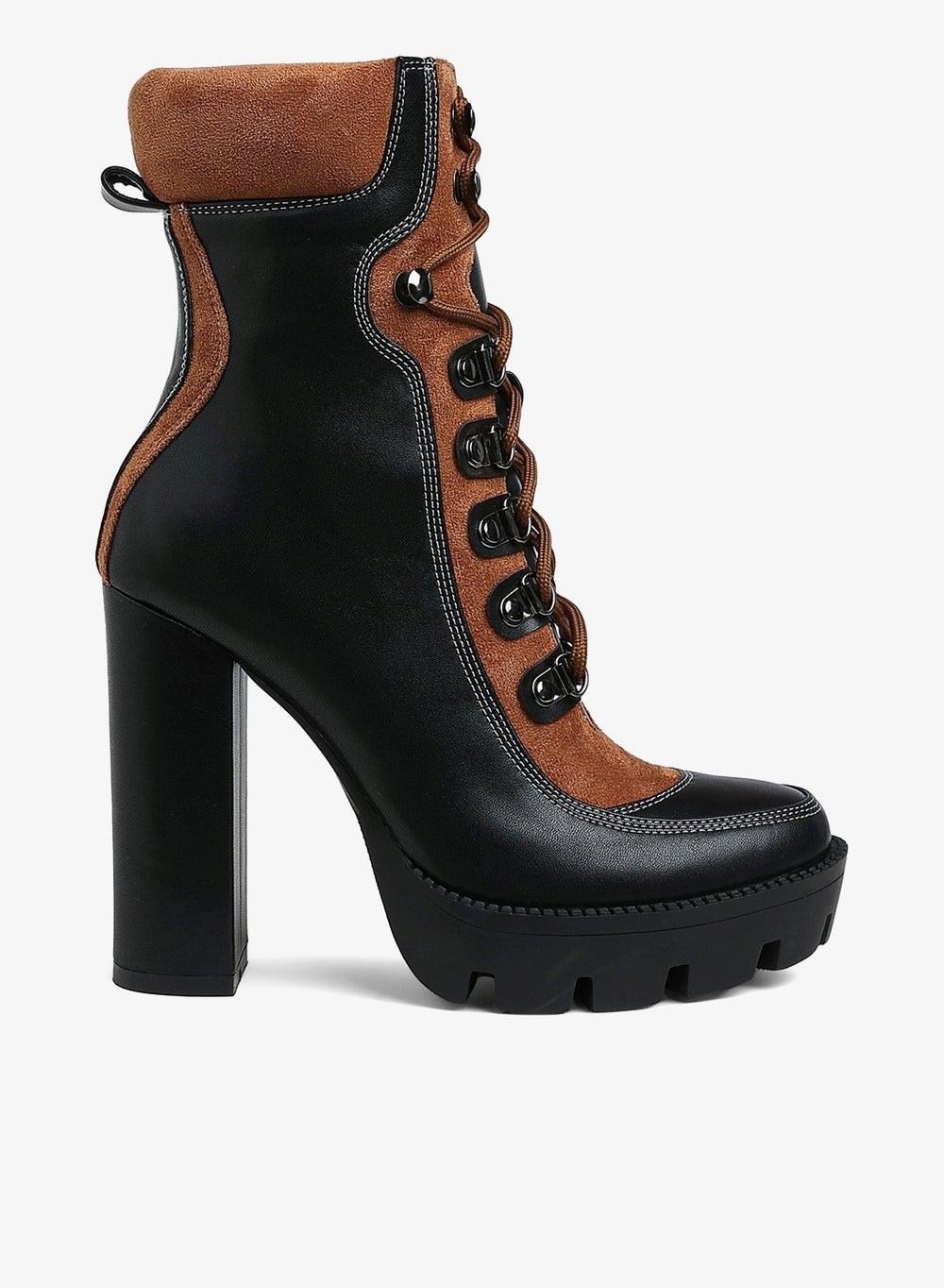 Sh2661 Tan Black Lace-Up High Heel Biker Boot - Image 1