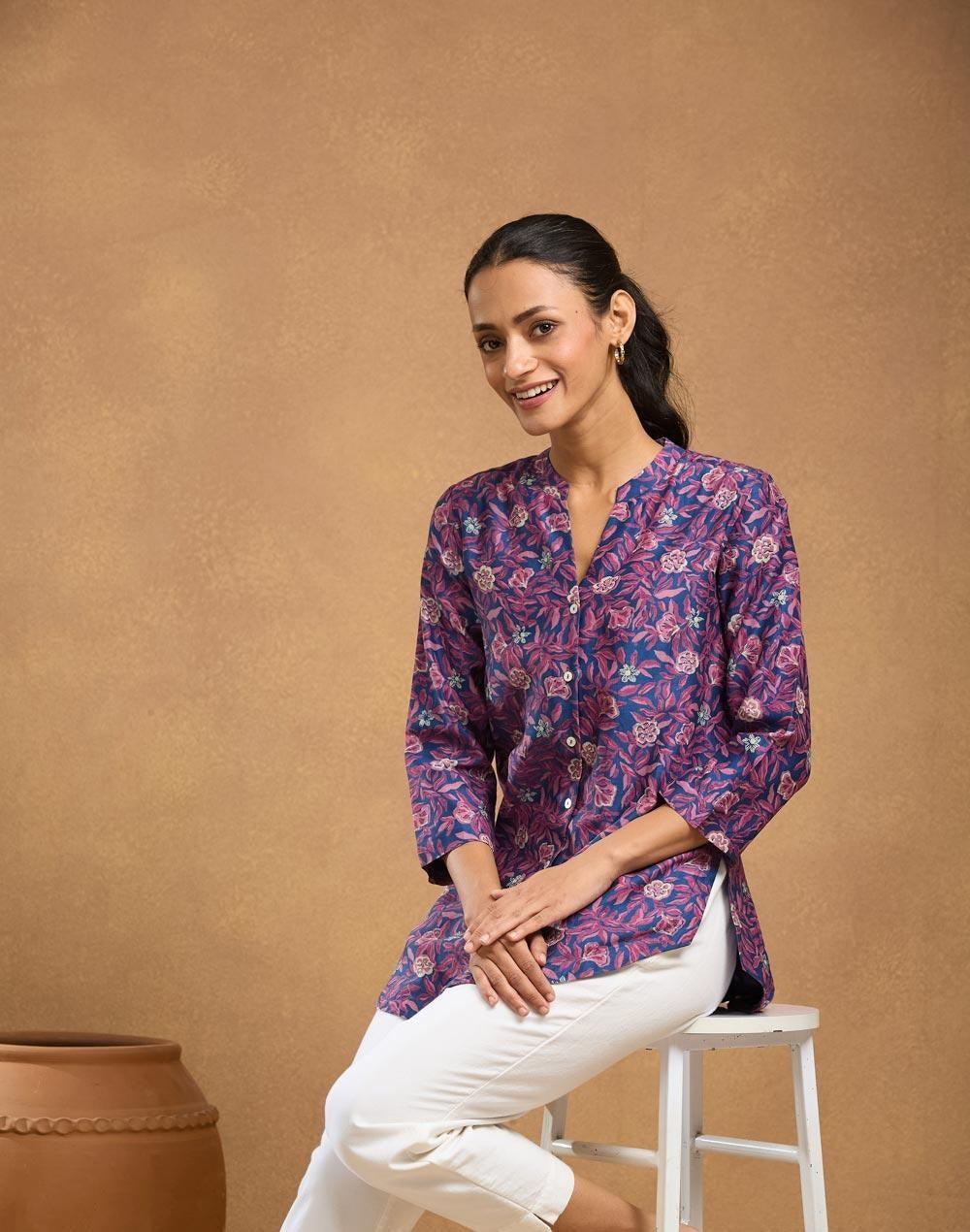 Blue Cotton Silk Hand Block Printed Festive Tunic - Image 1