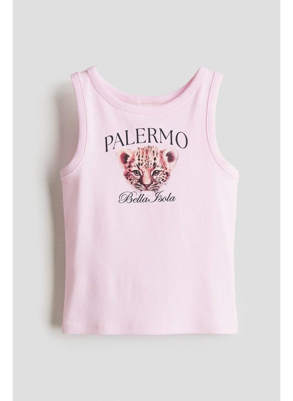 Girls Printed Cotton Vest Top in Light Pink - Image 1