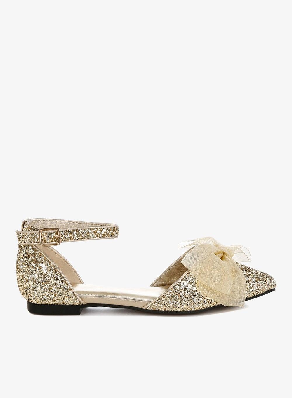 Gold Glitter Flat Sandals with Sheer Bow Sh5113 - Image 1
