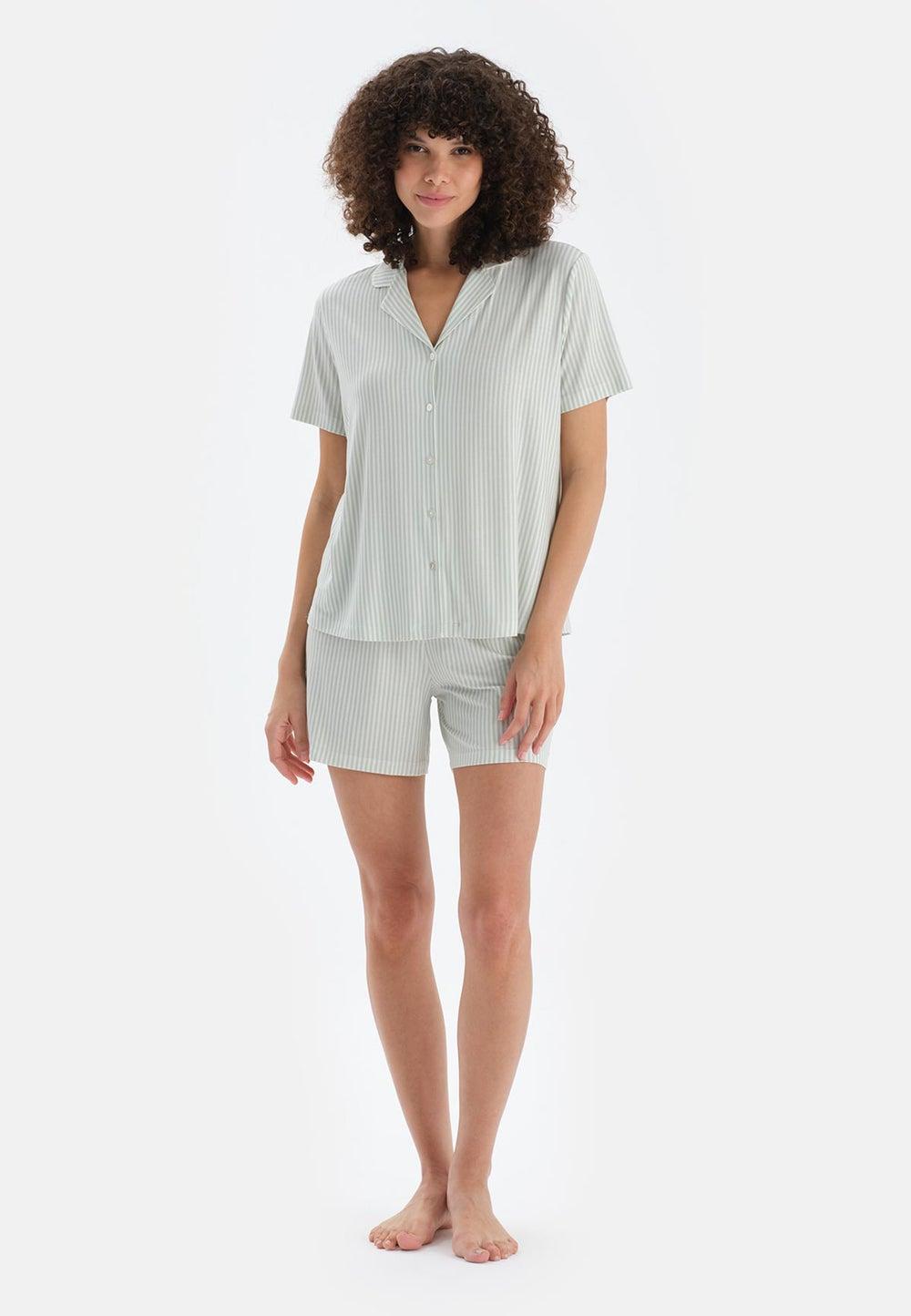 Striped Green Cotton Blend Nightwear Set 25Sw17822Bb - Image 1