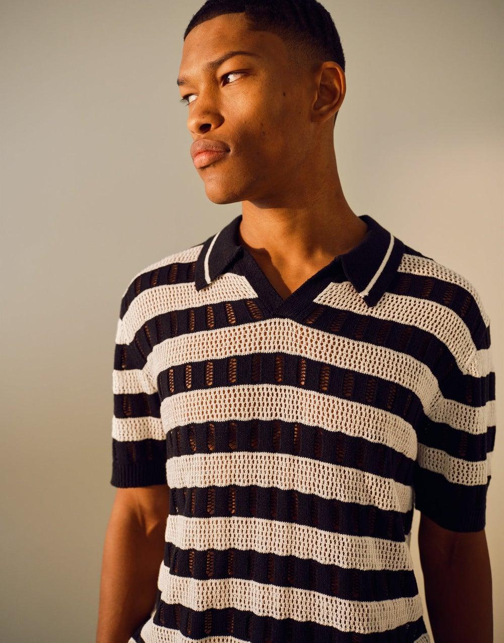 Monochrome Stripe Relaxed Crochet Knit Polo - Image 1