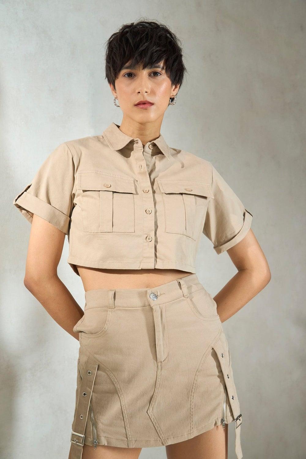 Beige Cotton Stretch Buckle-Up Crop Shirt - Image 1