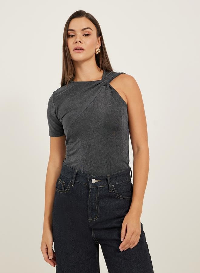 Charcoal Textured Asymmetrical One Sleeve Slim Top 7012174436 - Image 1