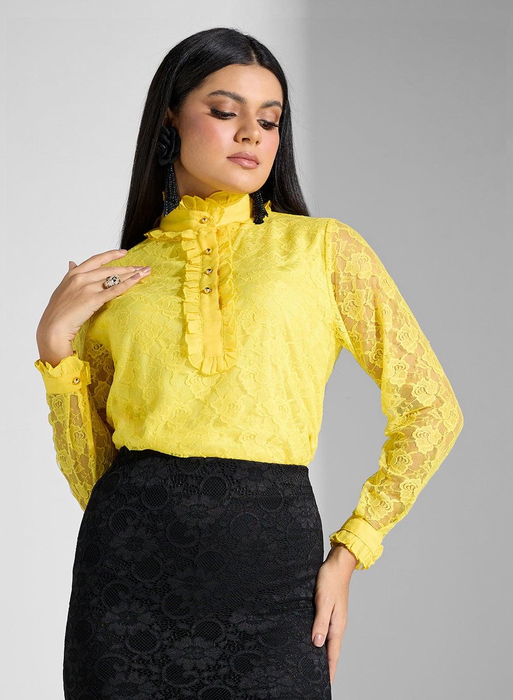 Yellow Roll Neck Long Sleeve Modest Blouse - Image 1