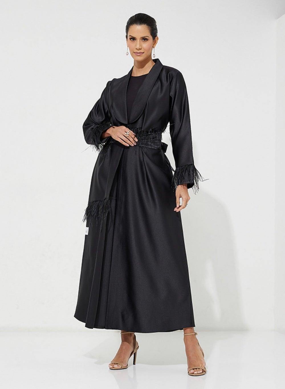 Feather Embellished Black Abaya Jacket 52" UAE - Image 1