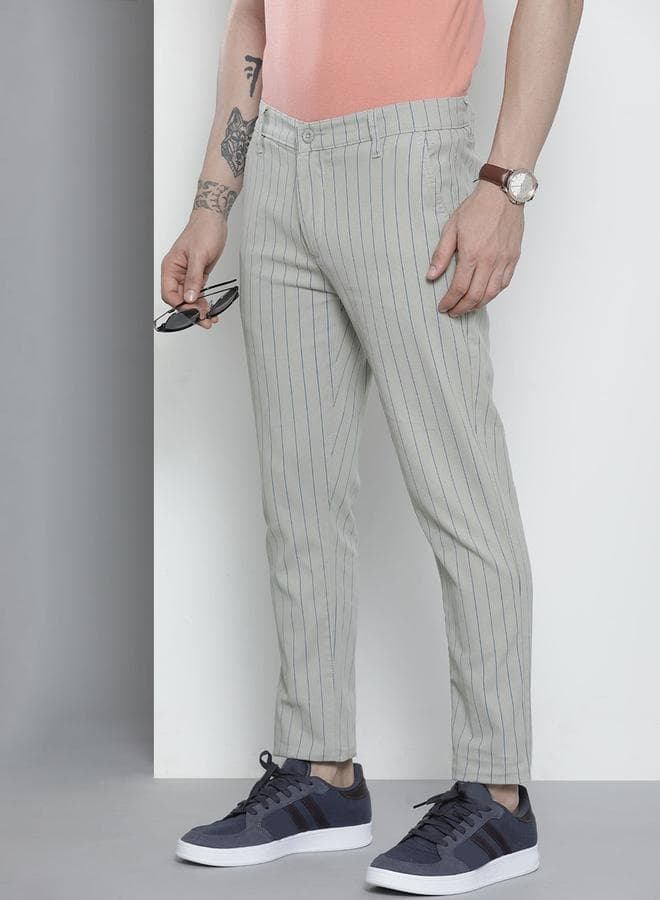 Men’s Grey Striped Slim Fit Chino Pants - Image 1