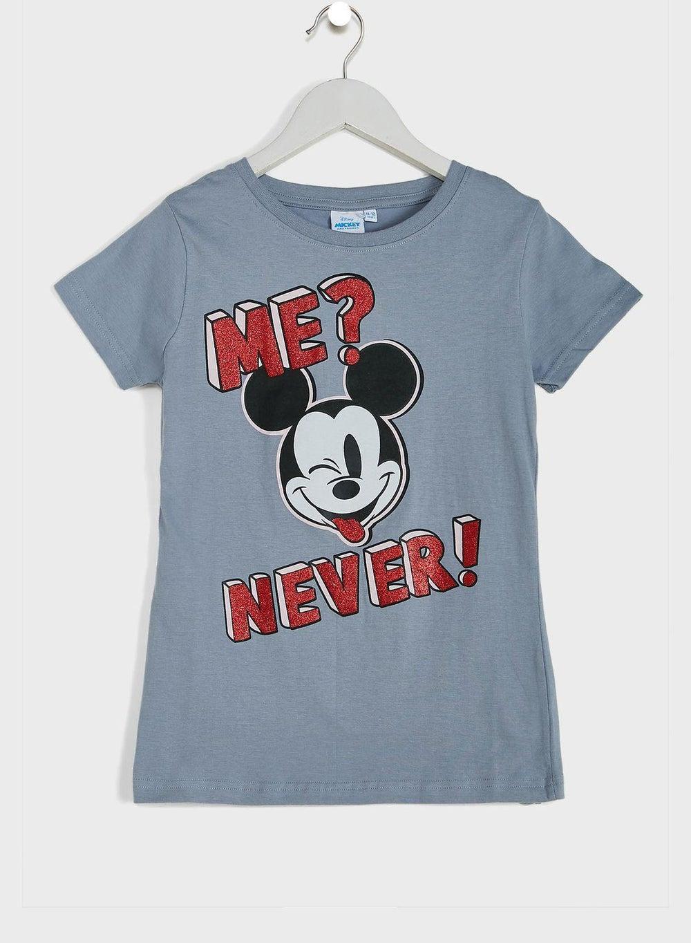 Girls Mickey Print Cotton Crew Neck T-Shirt - Image 1