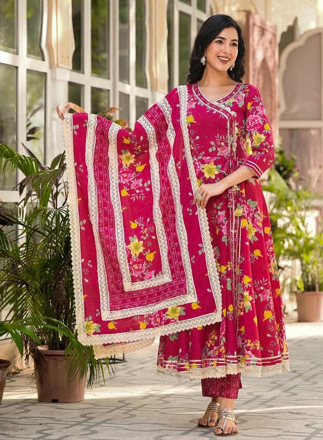 Pink Cotton Printed Kurta Set with Flared Palazzo - Image 1