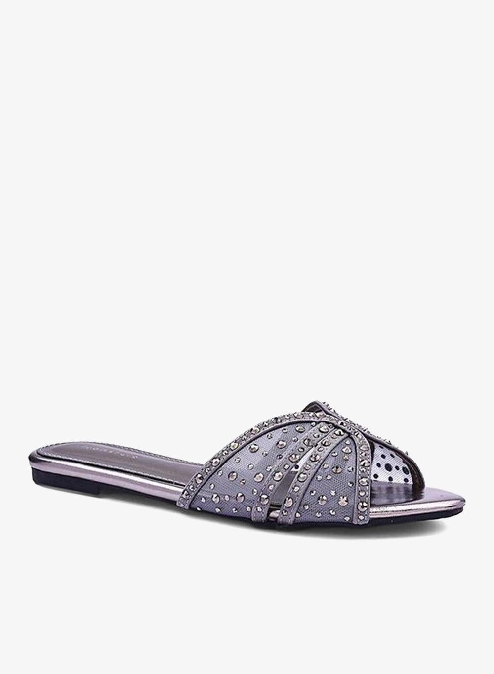Pewter Mesh Slip-On Flat Sandals for Women - Image 1