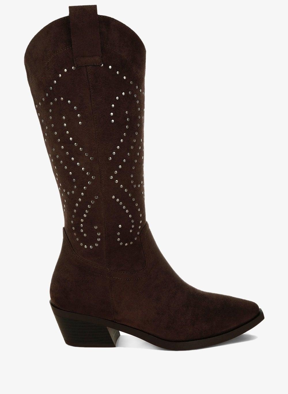 Sh5300 Brown Studded Cowboy Knee Boots - Image 1