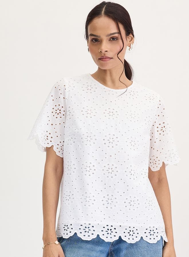 Femmella White Cotton Schiffli Classic Fit Top - Image 1