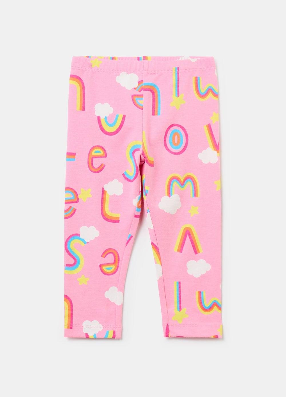 Girls Printed Stretch Cotton Leggings – Rainbow Cloud Capri - Image 1