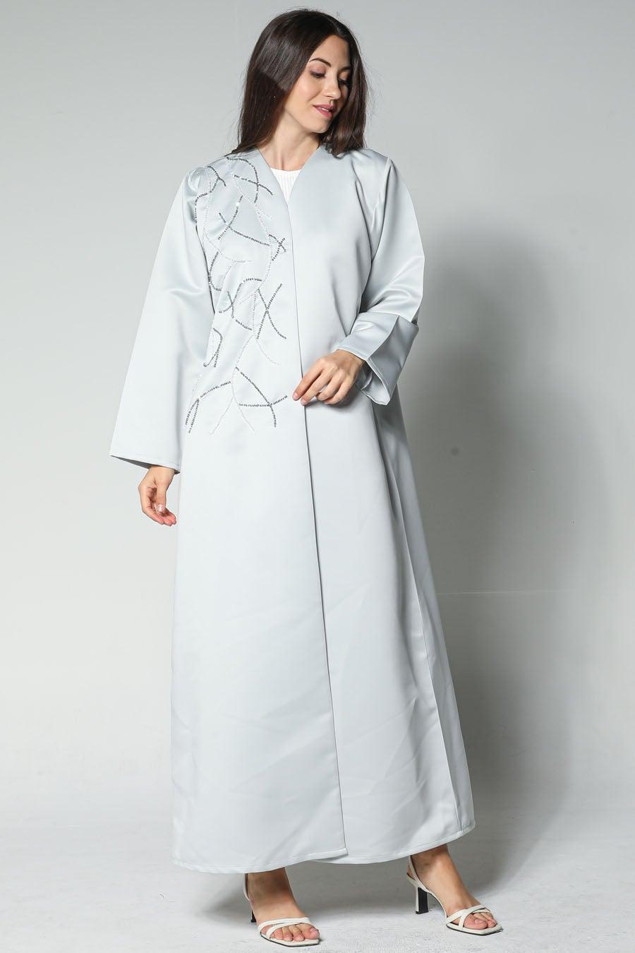 Grey Embroidered Open Front Evening Abaya - Image 1