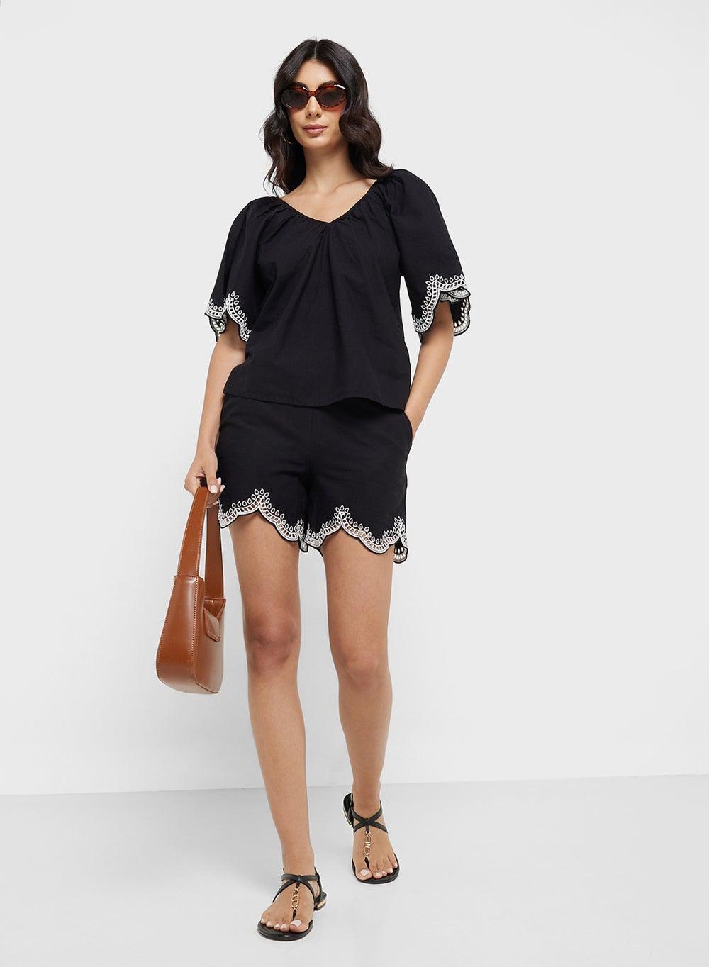Black V-Neck Drawstring Cotton Shorts 10329100 - Image 1