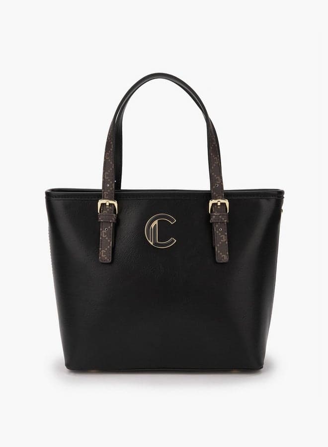 Black PU Solid Tote Bag Mtc C73218 Printed Handles - Image 1