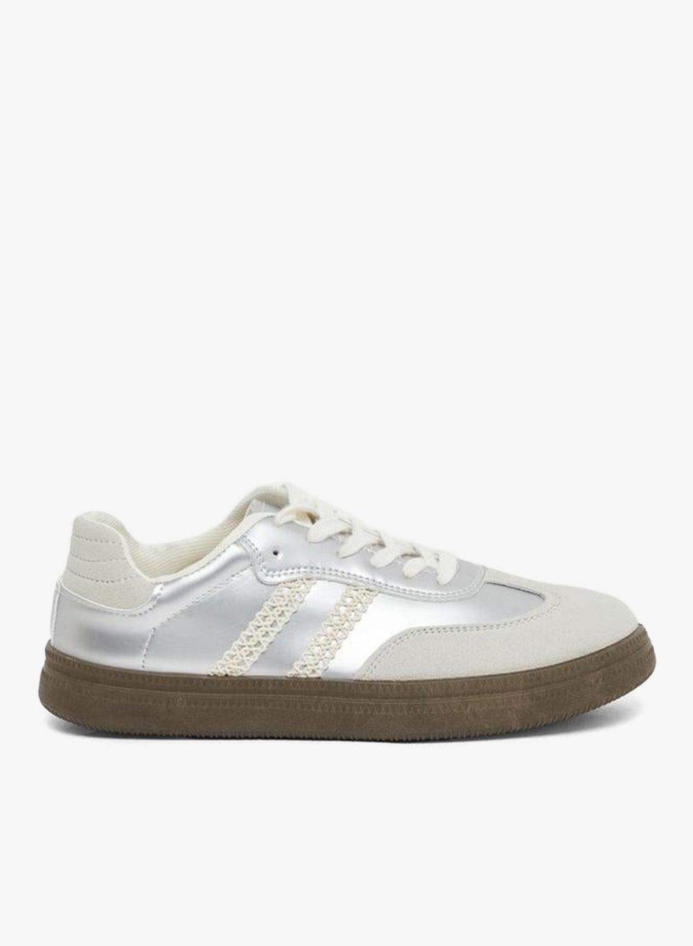 Silver Metallic Panelled Lace-Up Low-Top Sneakers - Image 1