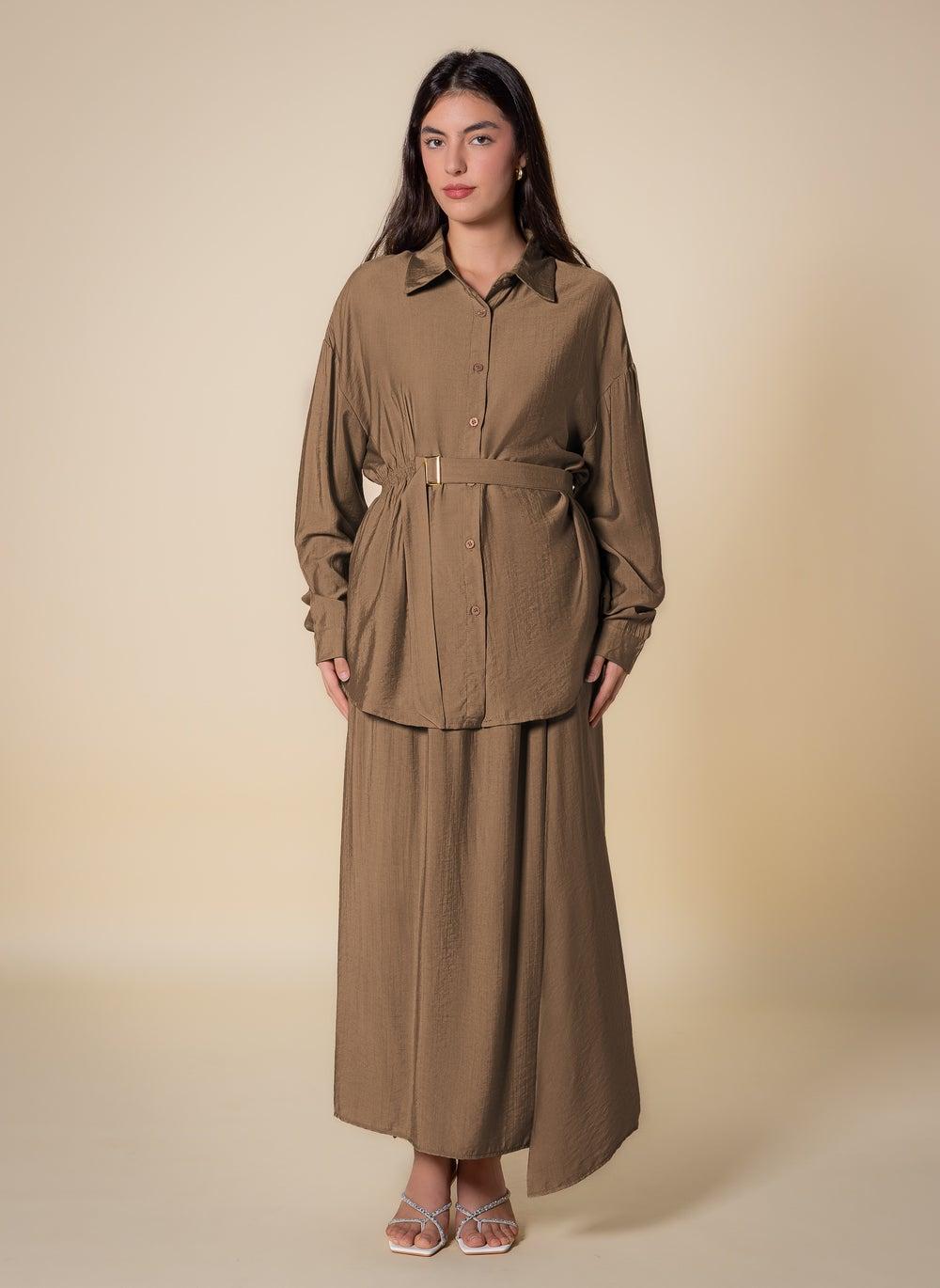 Brown Belted Skirt Set with Collared Top - Image 1