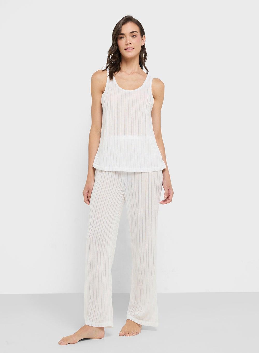 White Sleeveless Vest & Pant Pyjama Set 250319 27 - Image 1