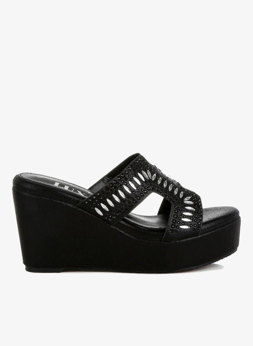 Black Diamante Cut-Out Wedge Sandals Sh4816 - Image 1