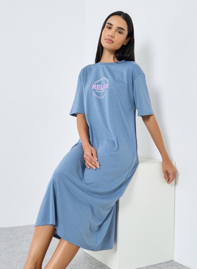 Styli Relax Slogan Print Blue Sleep T-Shirt Dress - Image 1