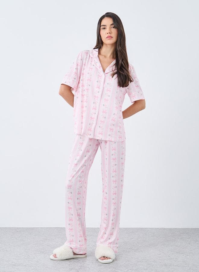 Linear Bow Print Pink Pyjama Shirt & Pants Set - Image 1