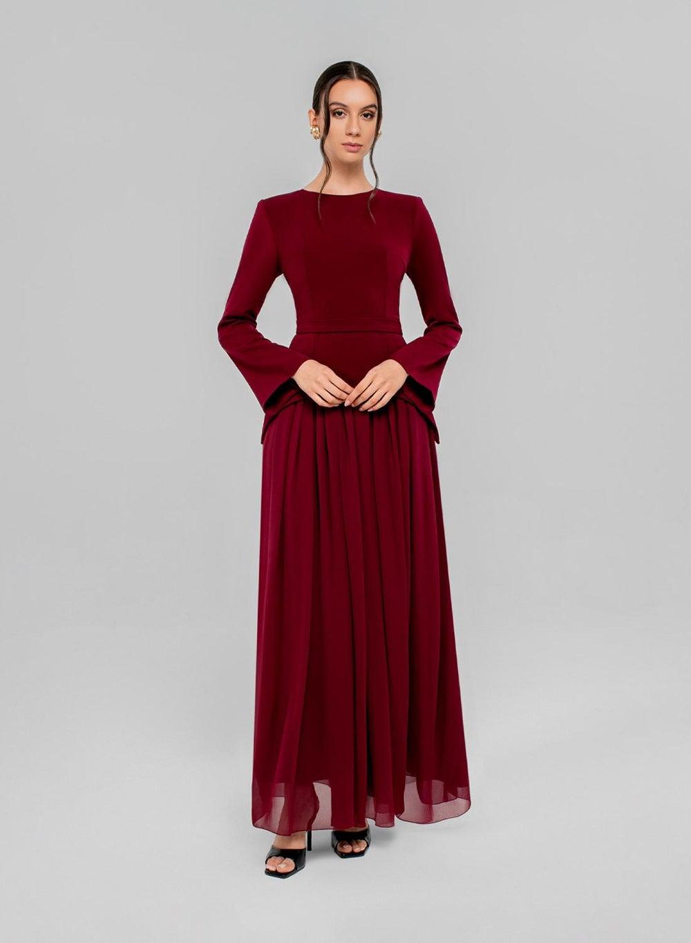 Malika Burgundy Maxi Dress with Structured Bodice - Image 1