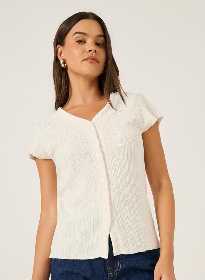 Styli Ribbed Slim Fit V-Neck Cream T-Shirt 7012228311 - Image 1