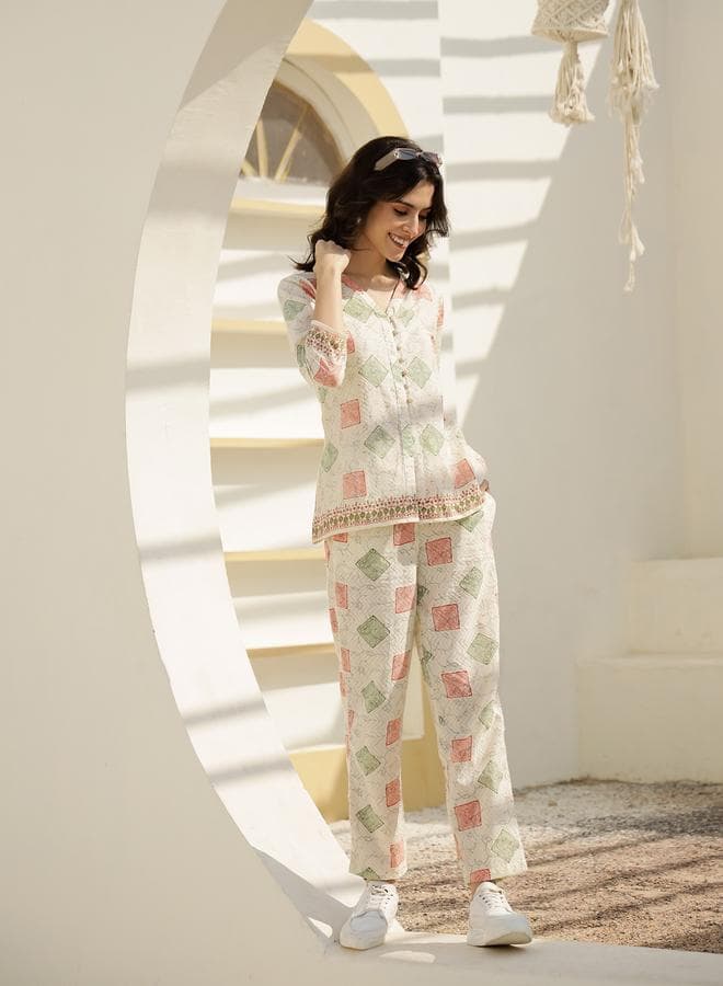 SanskrutiHomes Printed Cotton Co-Ord Set V-Neck White - Image 1
