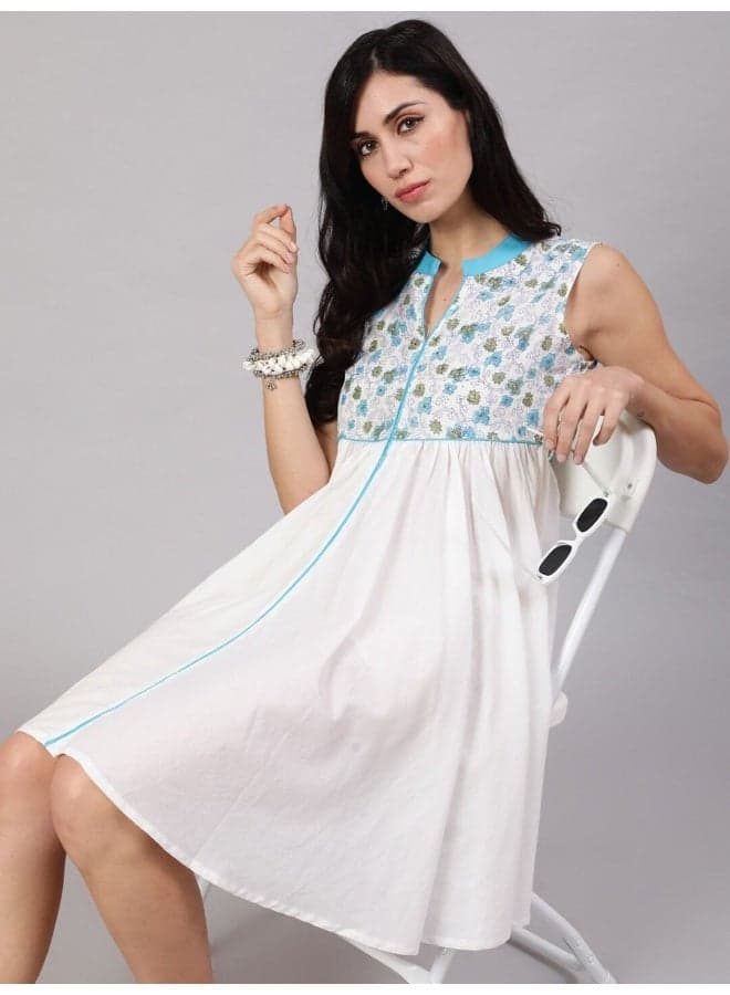 White & Blue Floral Block Print A-Line Midi Dress - Image 1