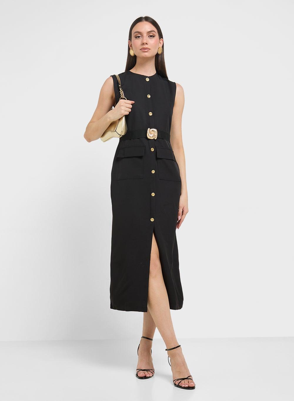 Clt254045 Black Sleeveless Midi Shift Shirt Dress - Image 1