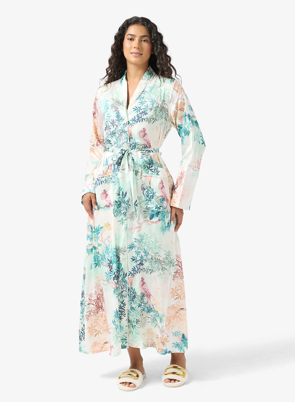 Blue Floral Printed Robe Kn8803 Elegant Long Sleeve - Image 1