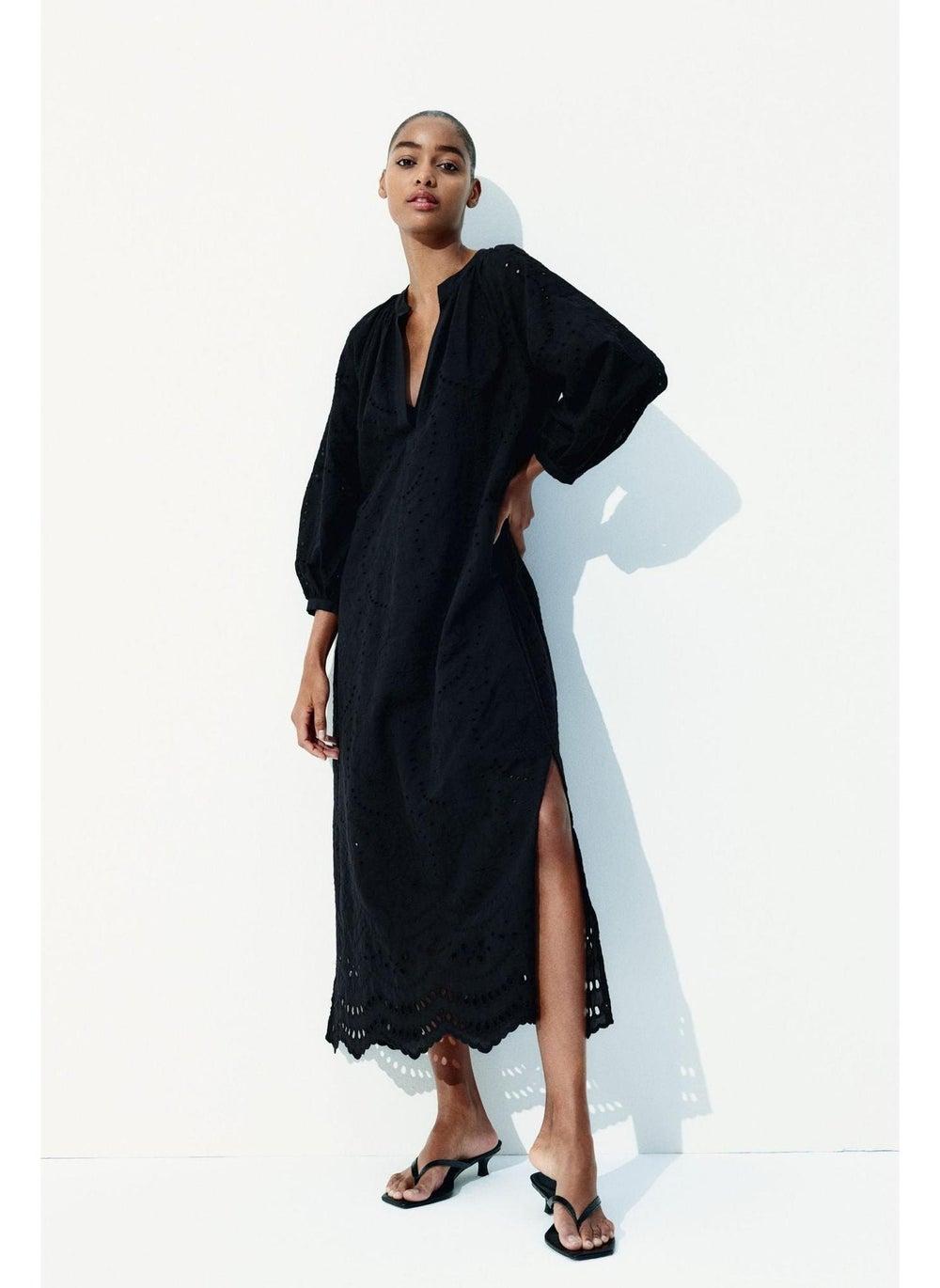 Broderie Anglaise Tie-Belt Midi Dress Black - Image 1
