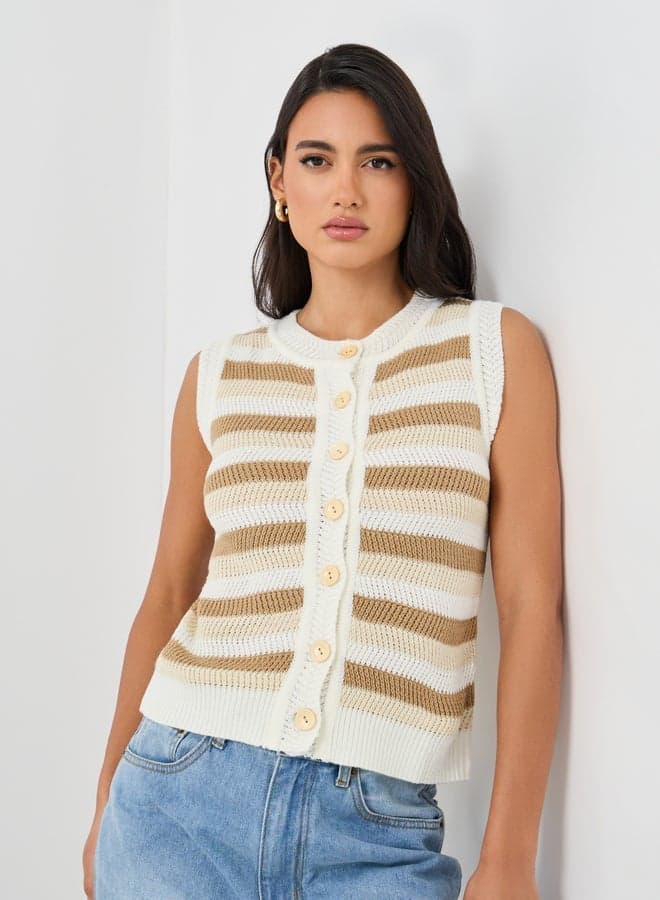 Brown Striped Buttoned Knitted Vest - Image 1