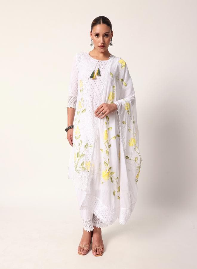 White Textured Cotton Kurta Set with Full Palazzo - Image 1