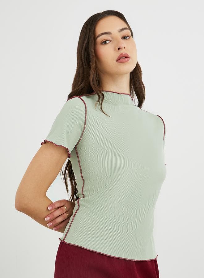 Green Ribbed High Neck Slim Fit Cotton Top - Image 1