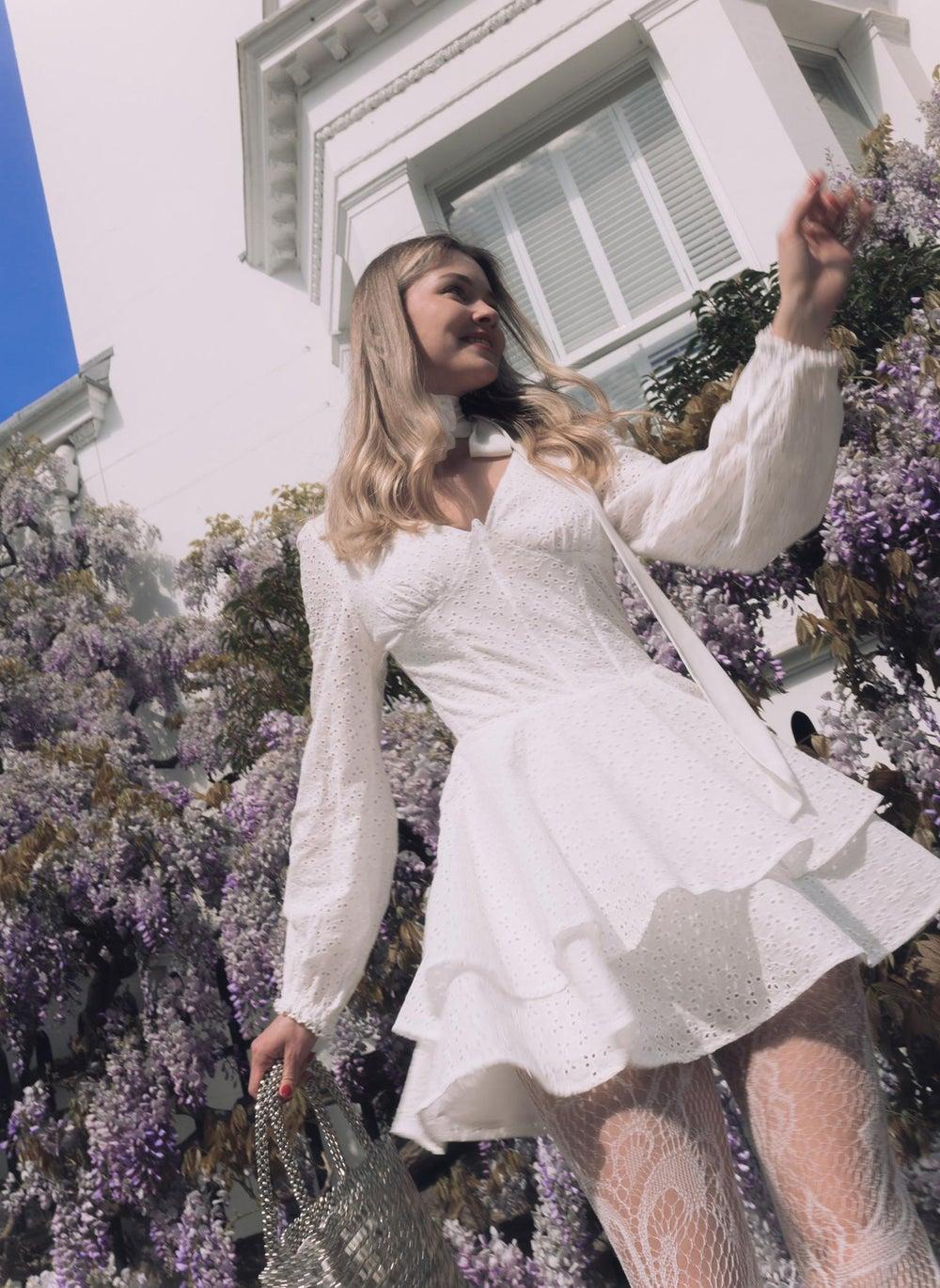 White Corset Mini Dress with Puff Sleeves - Image 1