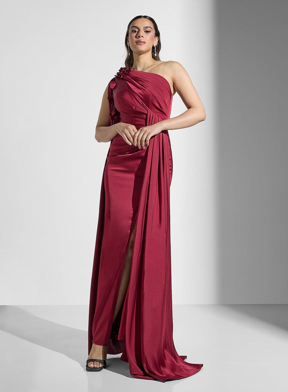 Maroon One-Shoulder Maxi Evening Dress with High Slit - Image 1