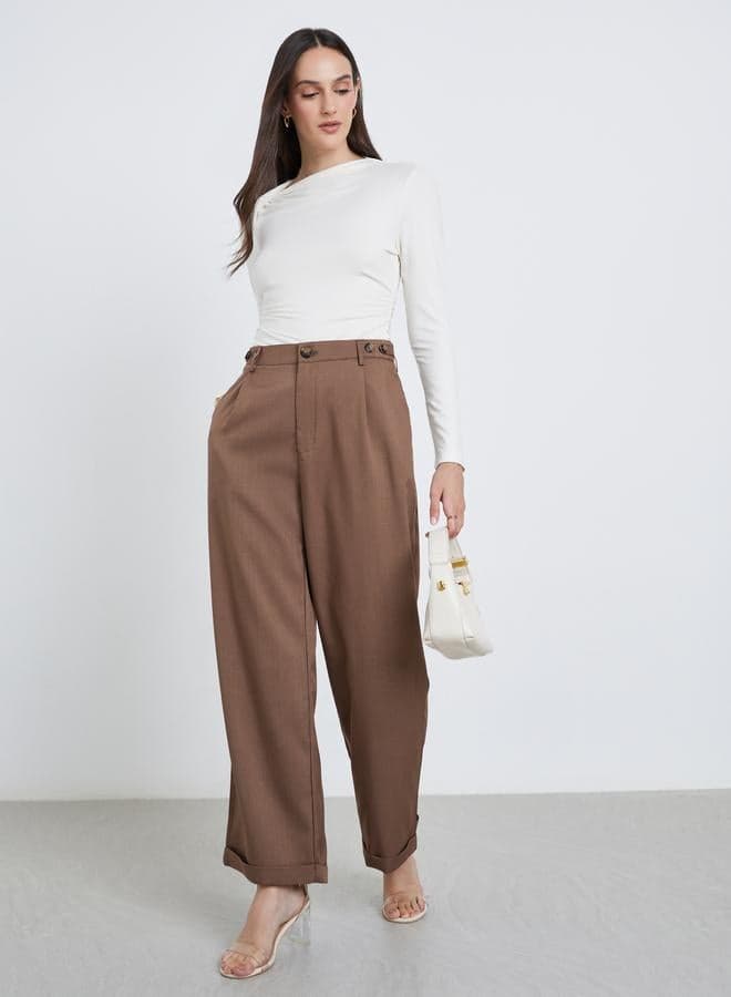 Styli Brown High-Rise Tapered Pants with Button Detail - Image 1