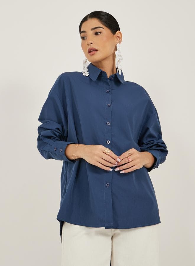 Oversized Spread Collar Longline Shirt 7011913122 Navy - Image 1