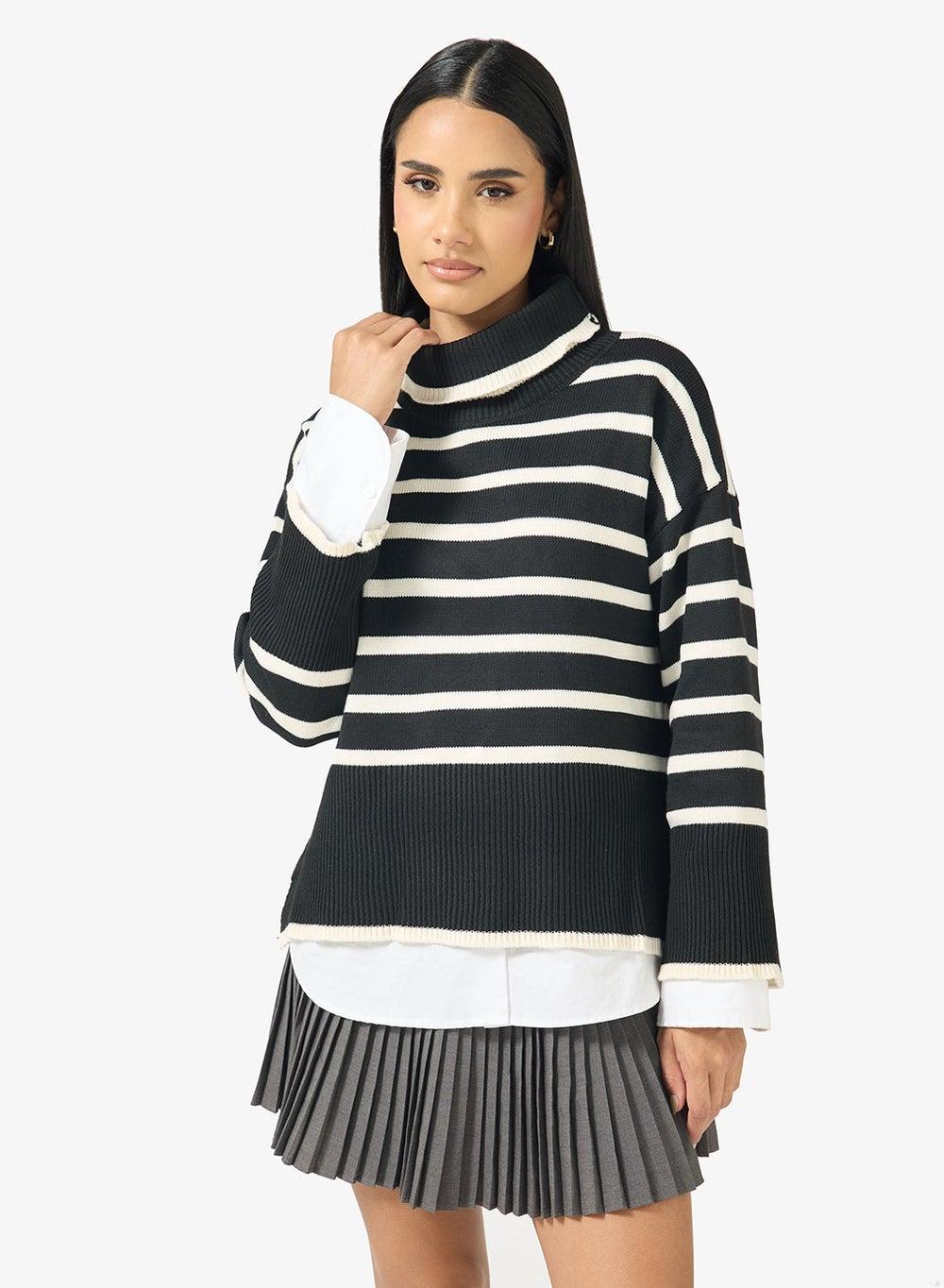 High Neck Stripe Longline Sweater Y250520027 - Image 1