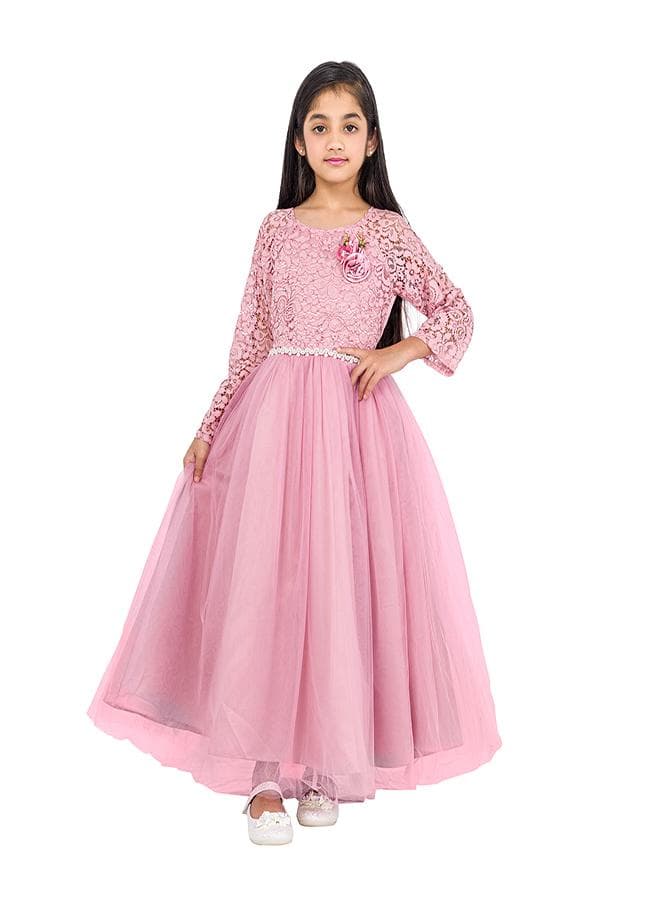 Dusty Pink Lace Bodice Tulle Maxi Dress 5474 - Image 1