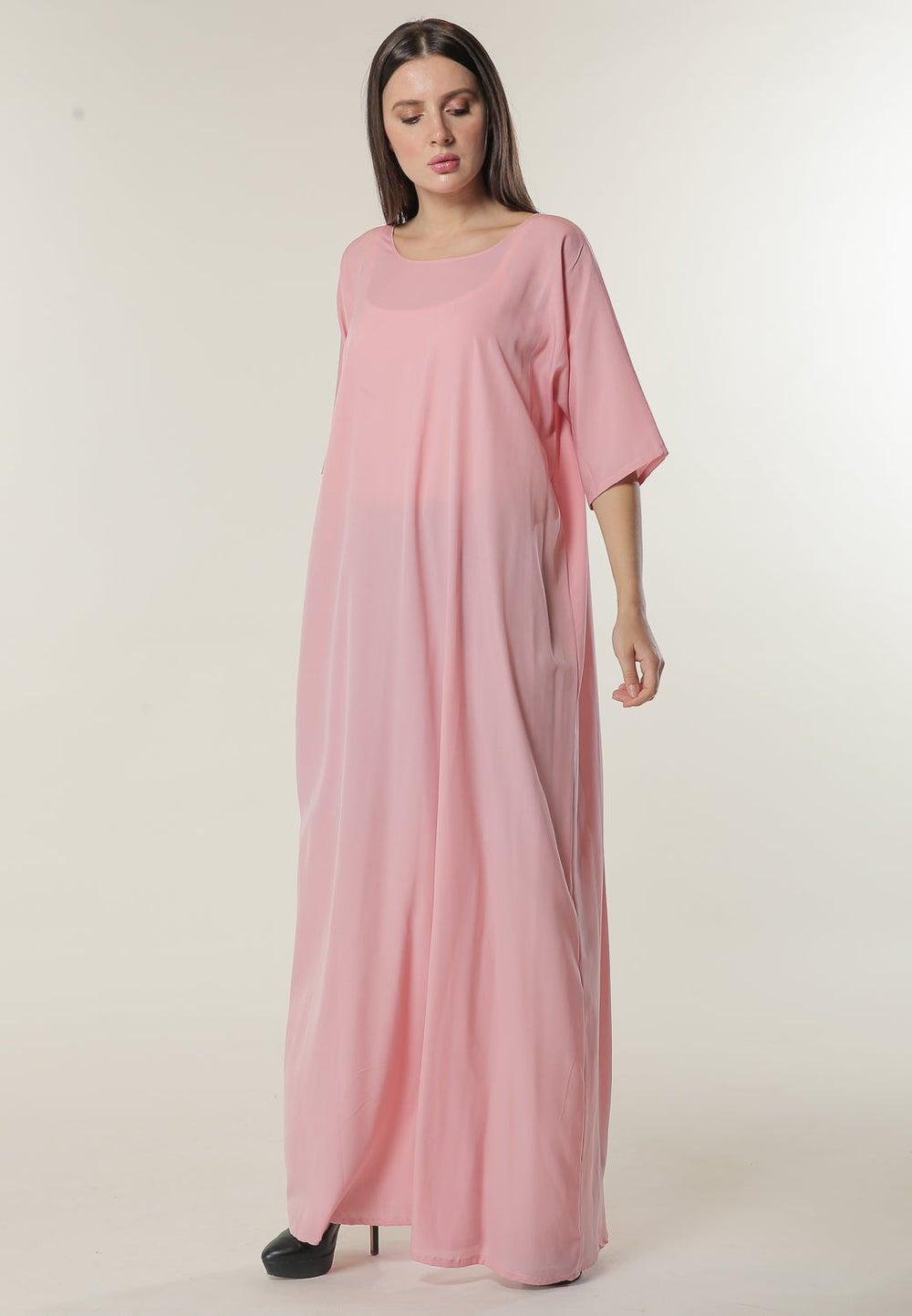 Elegant Pink Crew Neck Casual Abaya - Image 1