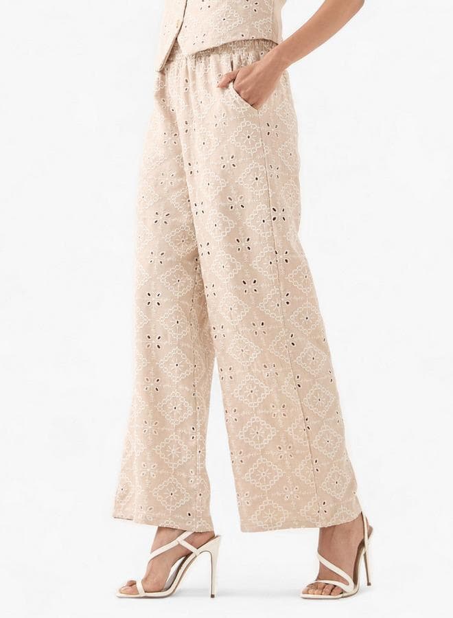 2Xtremz Schiffli Wide-Leg Elastic Waist Trousers Beige - Image 1