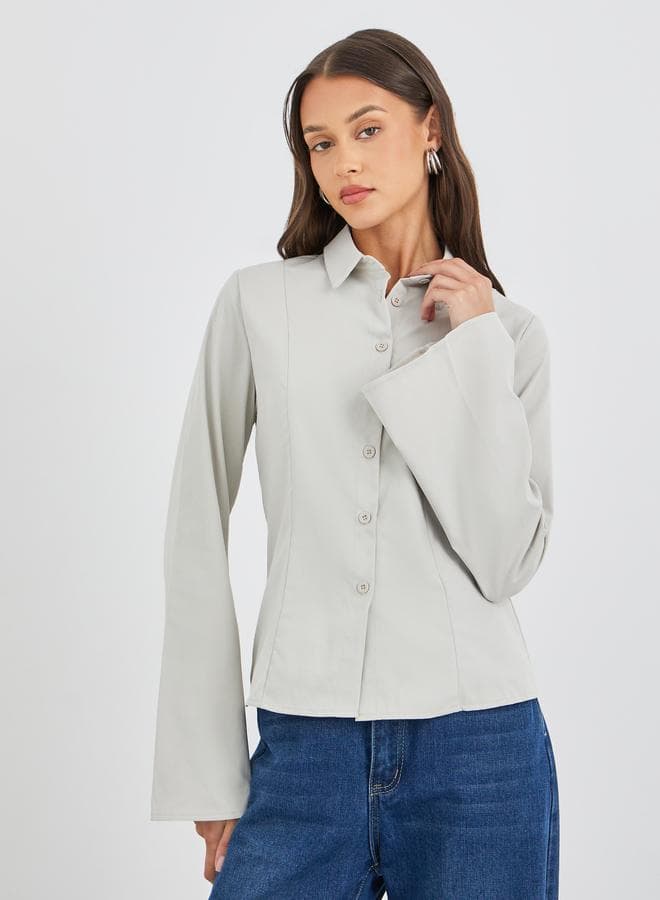 Styli Beige Striped Flared Sleeve Buttoned Shirt - Image 1