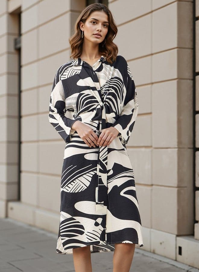 Iconic Printed Midi Shirt Dress with Knot Detail - Image 1