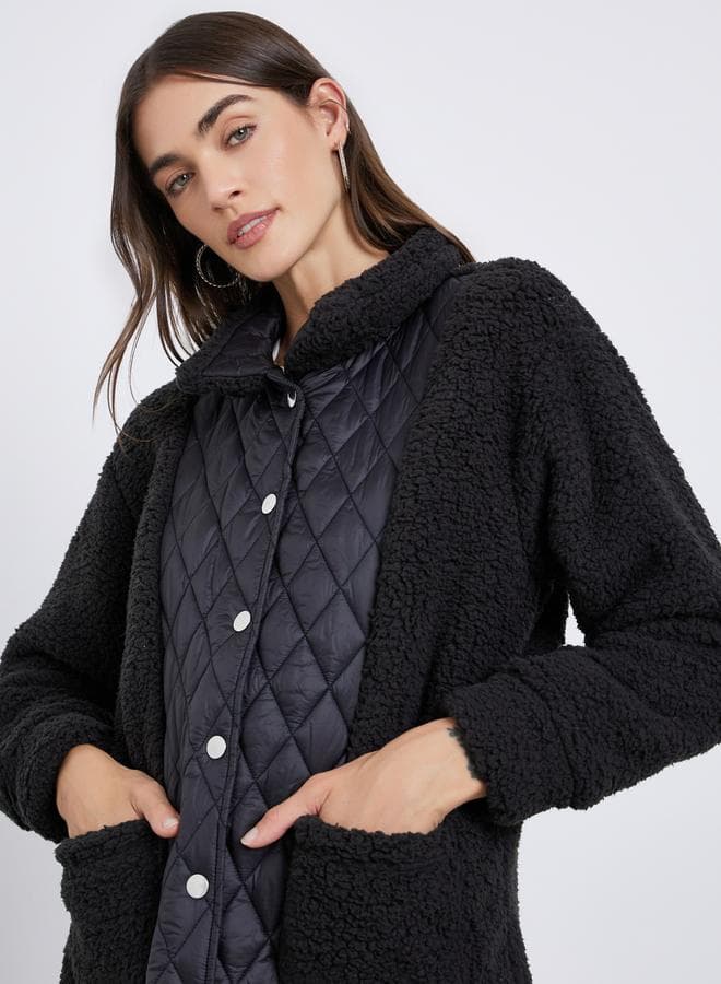 Styli Black Faux Fur Quilted Coat Jacket - Image 1