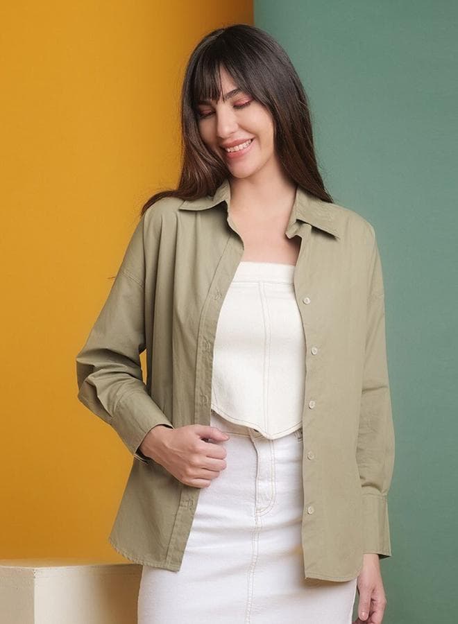 Freehand Green Cotton Oversized Longline Shirt - Image 1