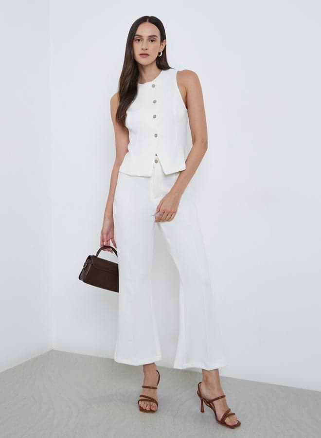 Cream Wide Fit Cropped Flared Trousers - Image 1